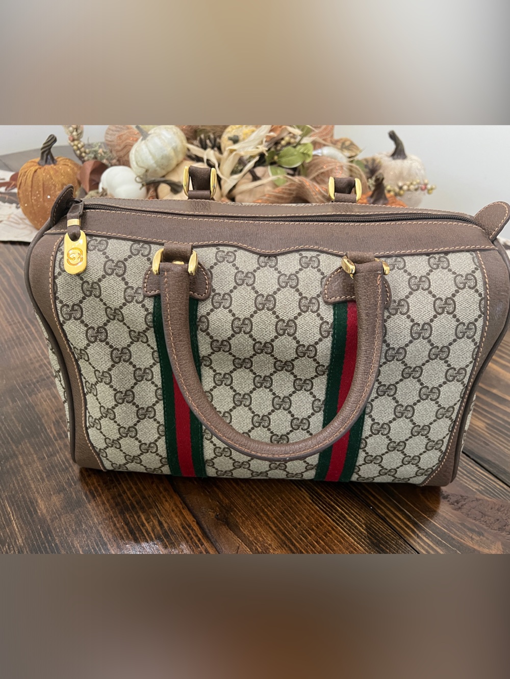 Gucci Brown Monogram Satchel with Green and Red Web Stripe
